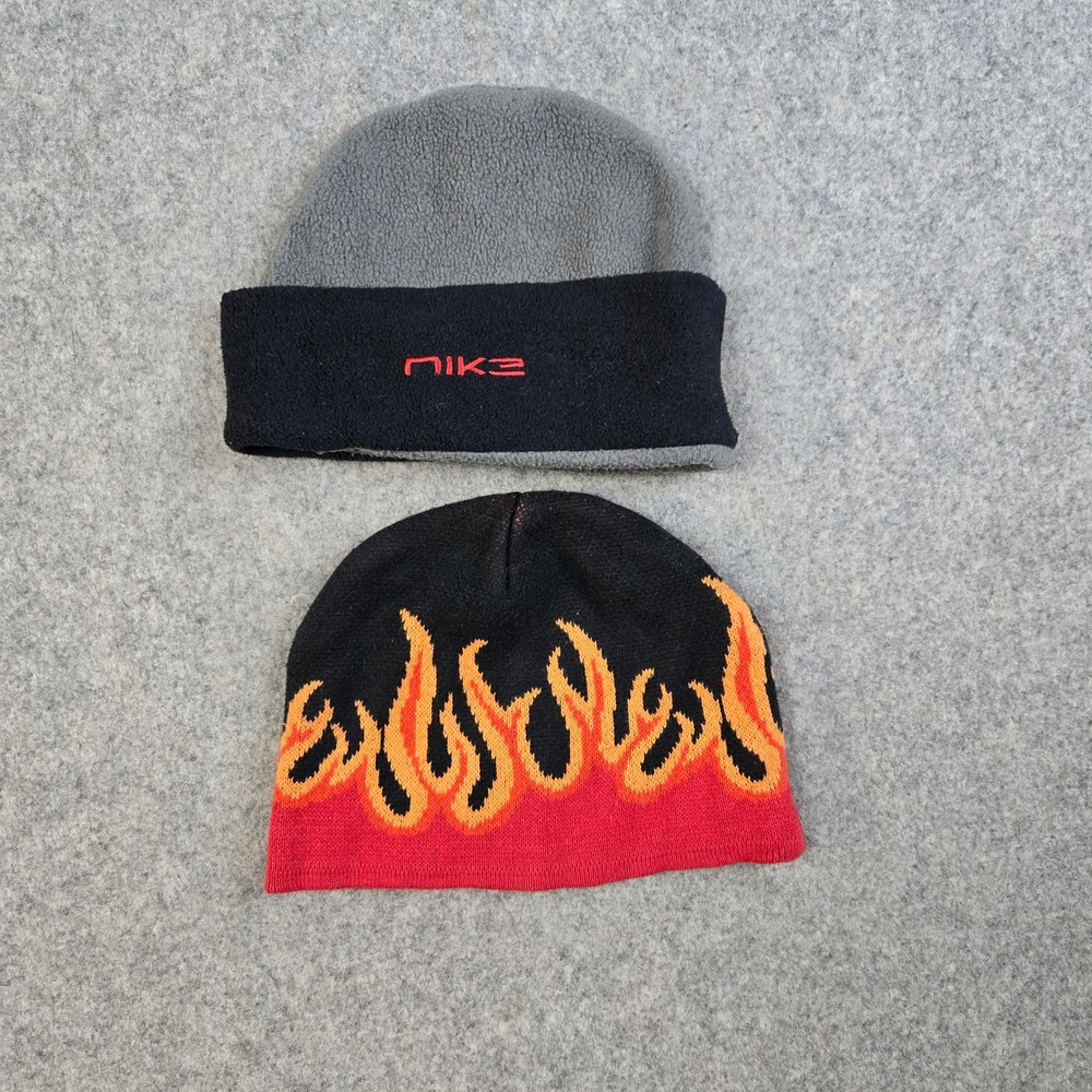 Nike Beanie Hat Lot Kids Small Medium Gray Black Fleece Flame Knit Vintage